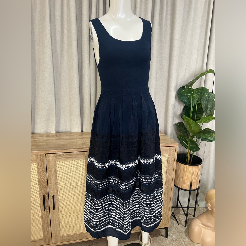Navy Blue Sleeveless Smocked Jacquard Fit & Flare Dress Ribbed Embroidered